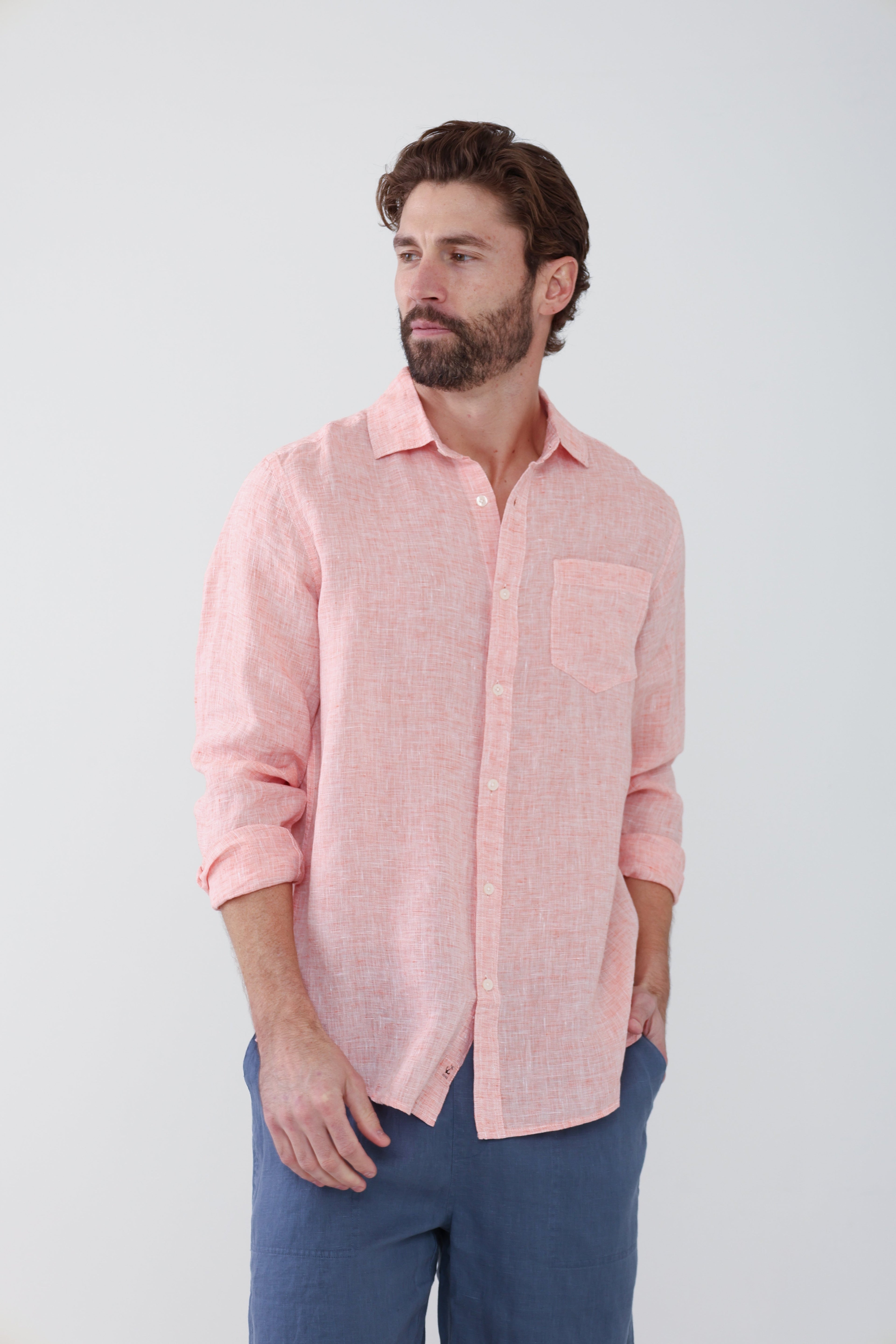 Lightweight Yarn Dye Linen Shirt - Sunset Orange