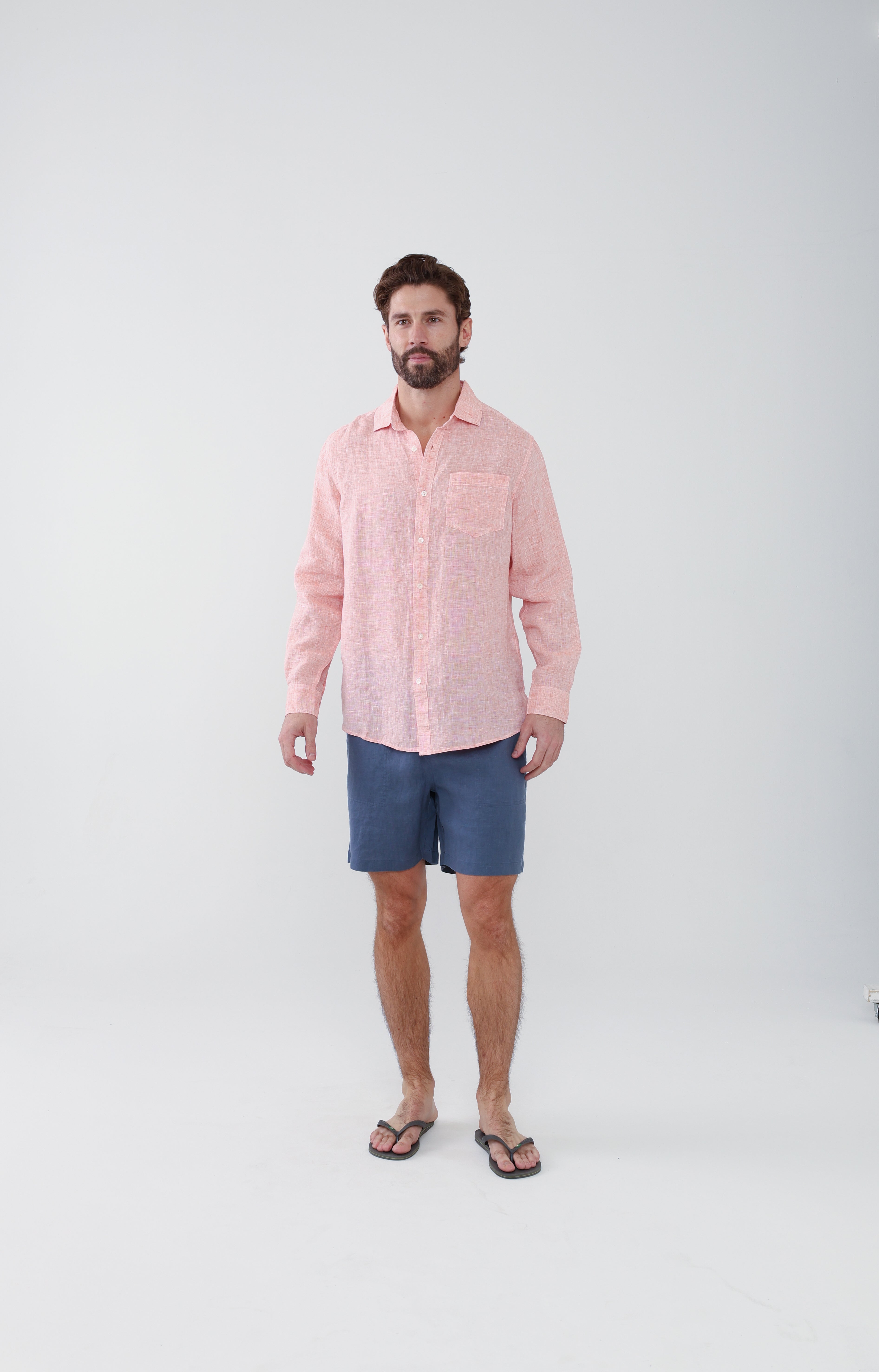 Lightweight Yarn Dye Linen Shirt - Sunset Orange
