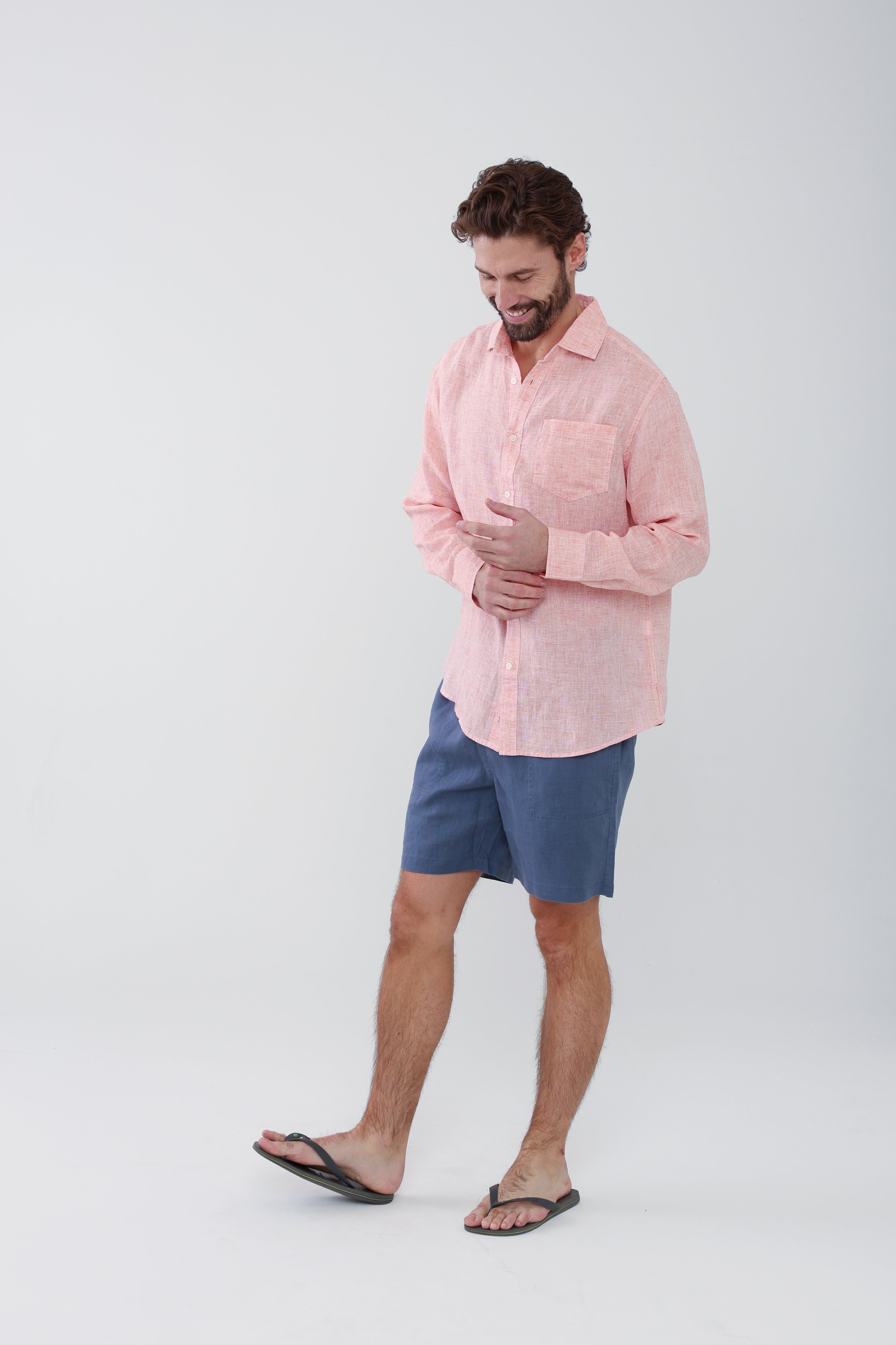Lightweight Yarn Dye Linen Shirt - Sunset Orange