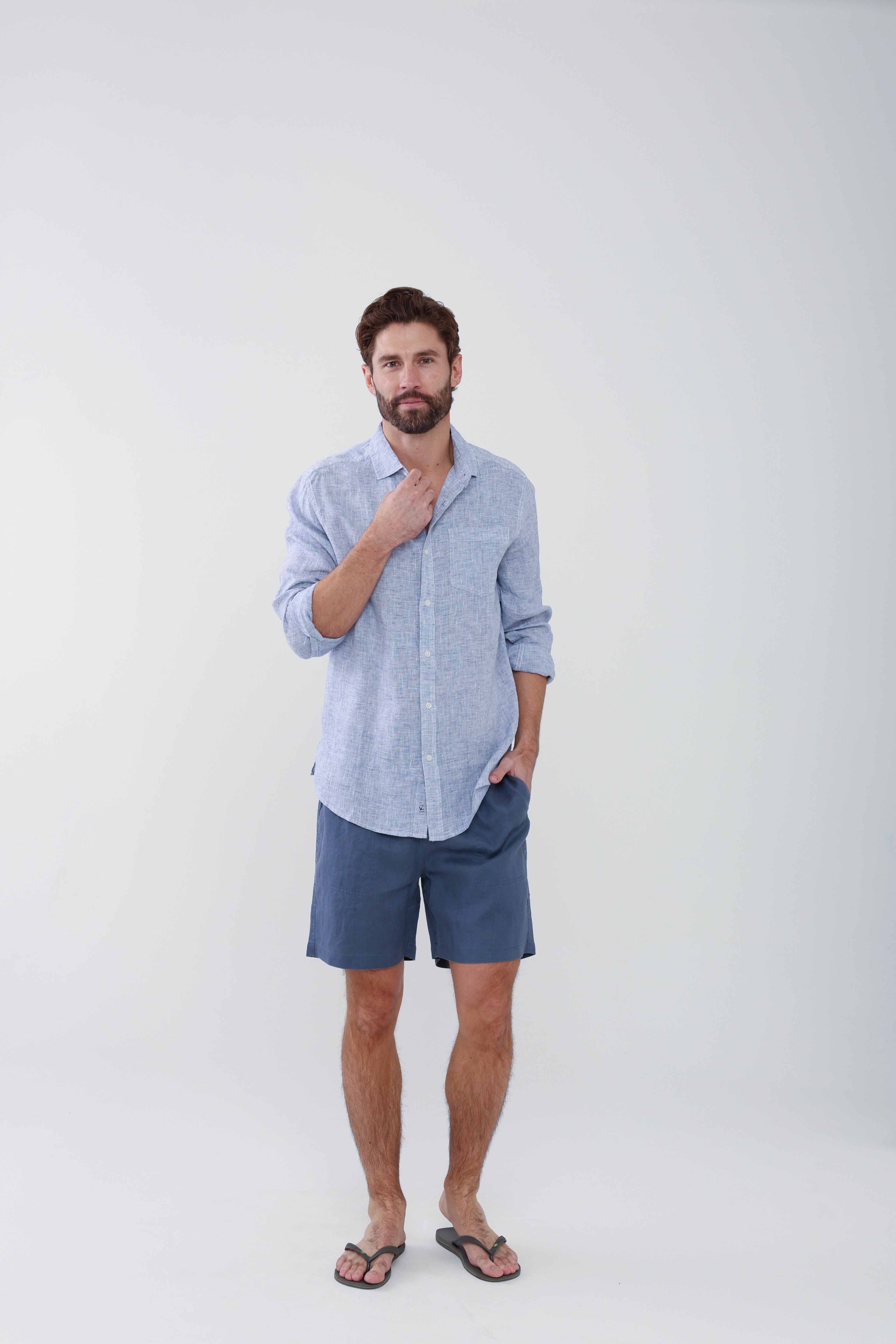 Lightweight Yarn Dye Linen Shirt - Surf Blue