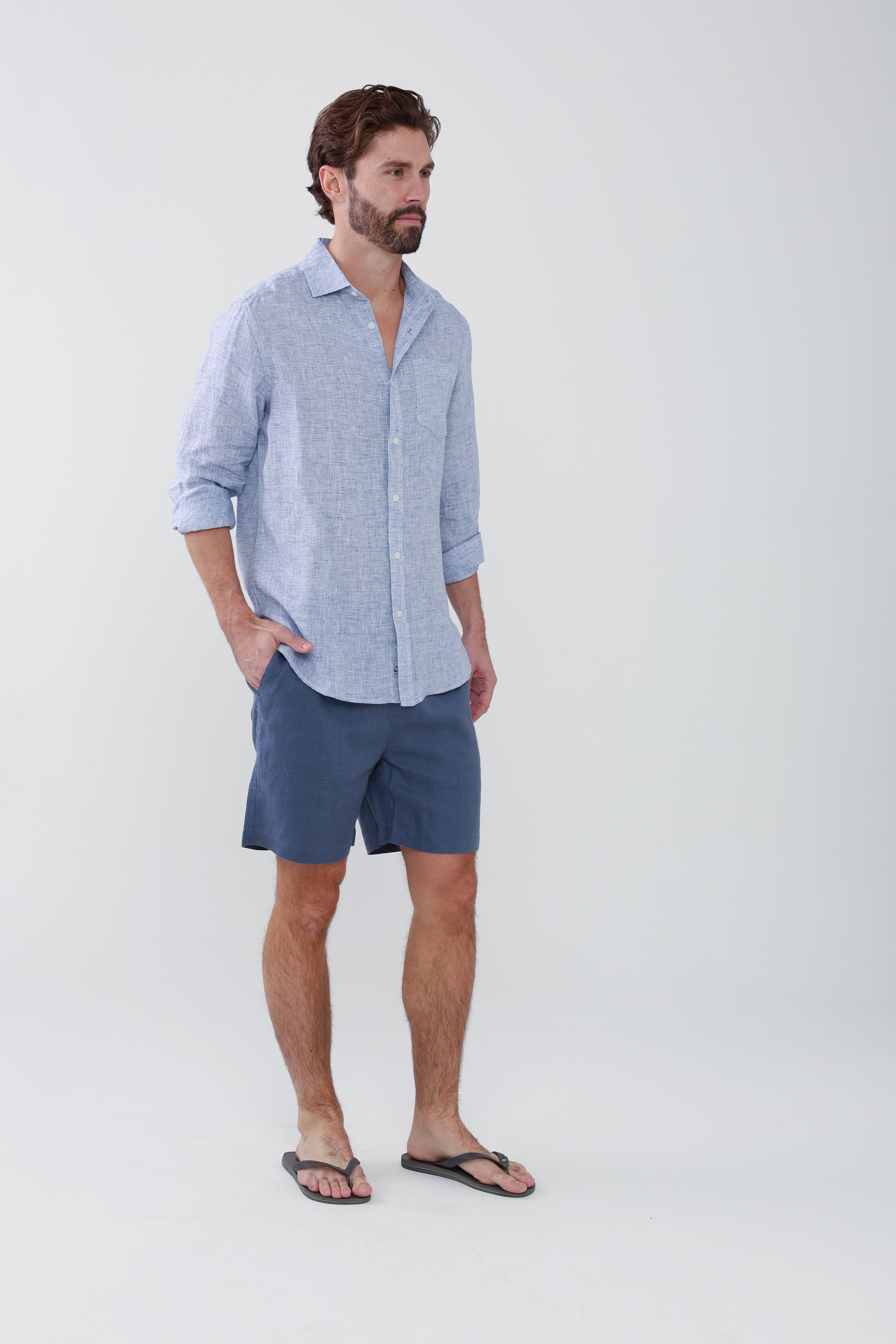 Lightweight Yarn Dye Linen Shirt - Surf Blue